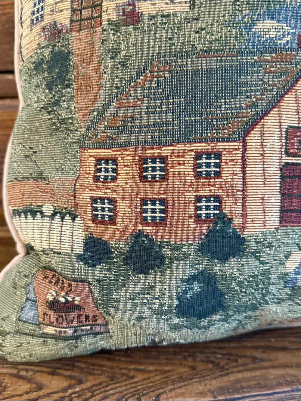 VTG Seaside Americana Town Embroidered Tapestry Granny Cottage Throw Pillow